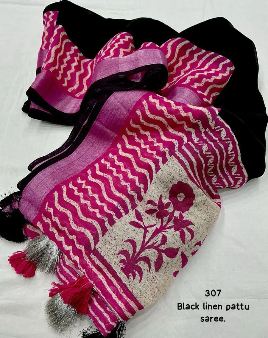 Soft Linen Saree with Pink Contrast Prints & Zari Woven Black Pattu Border